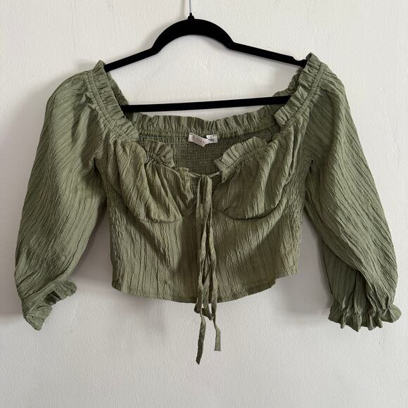 O. VIANCA | Green Ruched Puff Sleeve Corset Boustier Style Crop Top | Small - Picture 1 of 6
